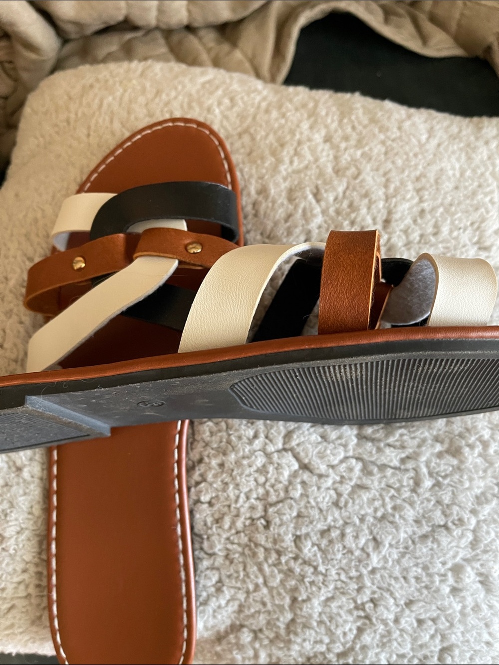 Brown Black White Tan Strappy Slide Sandals - Picture 2 of 3
